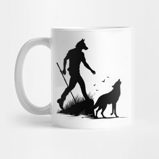 Moonlit Encounter: Wolf and Werewolf Silhouettes Mug